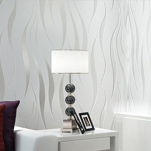 Camiraft White Living Room Wallpaper Wave Stripes 3D Embossed Thick Textured Silver Glitter Wall Paper Feature Non-Woven Wallpaper for Living Room Bedroom Adults TV Background 53cmx9.5m
