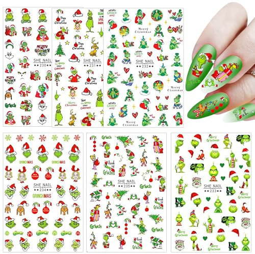 Zueyen 6 Blatt Nagelsticker Weihnachten, Grinch Nail nagelsticker Sticker, Weihnachtsmann Nagelaufkleber, Nail Art Stickers, Grinch Deko Weihnachtssticker Nägel A