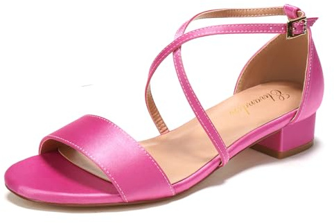 Elivandon J1584 Donna Satin Basso Tacco Serata Sandali Open Toe 3cm Blocco Tacco Satin Scarpe Serata Festa Nuziale Sposa Scarpe Matrimonio Colore Rosa Fluorescente, Taglia 38 EU