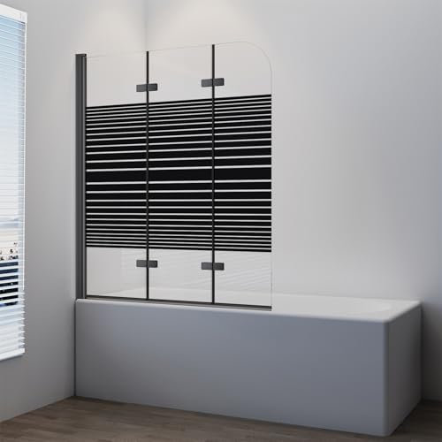 IMPTS Duschwand Faltwand für Badewanne 3 teilig, Schwarz Badewannenaufsatz mit Milchglas Streifen 120x140cm Badewannenfaltwand Duschabtrennung mit 6mm Teilsatiniert Nano ESG Glas 180° Schwingen