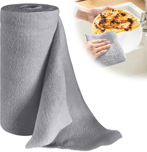 Behogan Lot de 50 Chiffons en Microfibre Réutilisables, Rouleau de Nettoyage Amovible pour Voiture, Cuisine et Maison, 30 x 30 cm, Gris