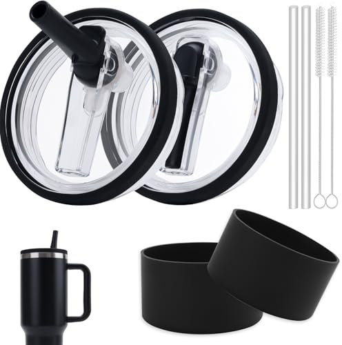 TUIORAN Stanley Cup Zubehörset, 2 Stück Auslaufsicherer Ersatzdeckel + 2 Stück Bodenschutz für Stanley 40oz Becher mit 2 Trinkhalmen and 1 Strohhalm Bürste, 1,18L Cup Zubehör (Schwarz)