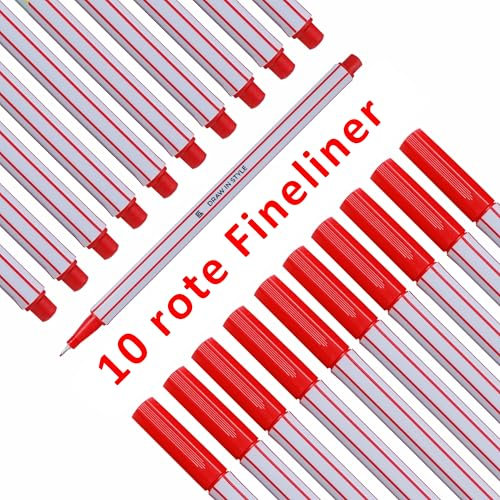10x Fineliner Rot - feine 0,4mm Spitze - metallgefasste Faserspitze - Filzstifte für präzises Schreiben, Zeichnen und Malen - für Büro, Schule, Uni und Zuhause