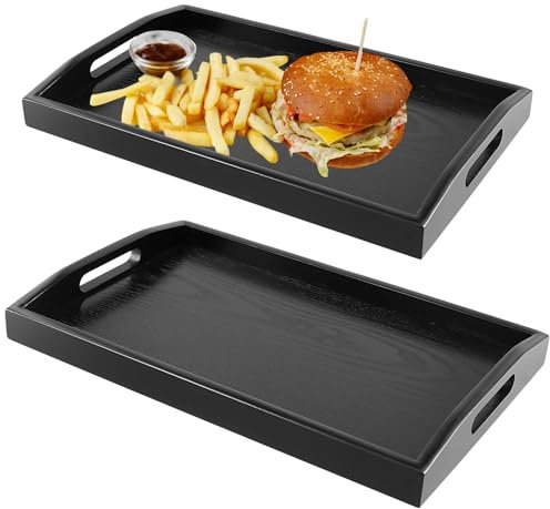CHUENKUK Set of 2 Serving Trays Wood Black Wooden Tray Rectangular with Handle 40 x 28 cm and 36 x 23 cm Wooden Tray Kitchen Tray for Kitchen, Restaurant