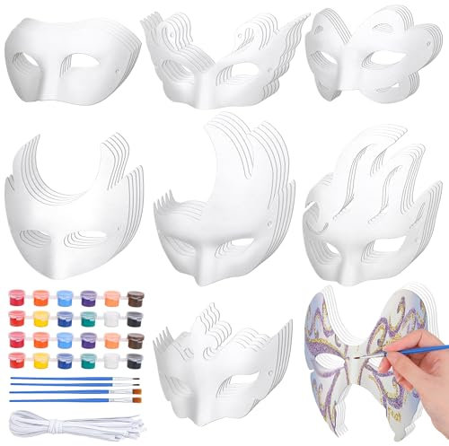 Vivantia Lot de 40 masques en papier blanc à faire soi-même - Demi-visage - Masques vierges peints à la main - Masques de graffiti avec attaches - Pinceaux de peinture acrylique - Masque de fête pour