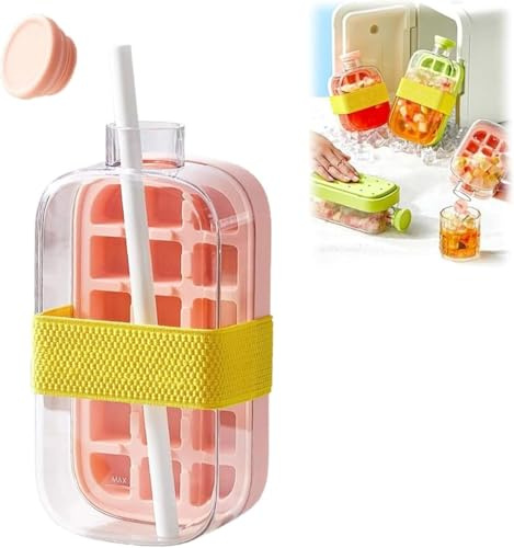 My Crush Cup Ice – 2 in 1 berührungsfreie Eiswürfelform Wasserflasche mit Deckel und Mülleimer, Strohhalm & Deckel – Tragbare Eiswürfelform Becher für Zuhause, Büro, Picknicks im Freien und Tr (Rosa