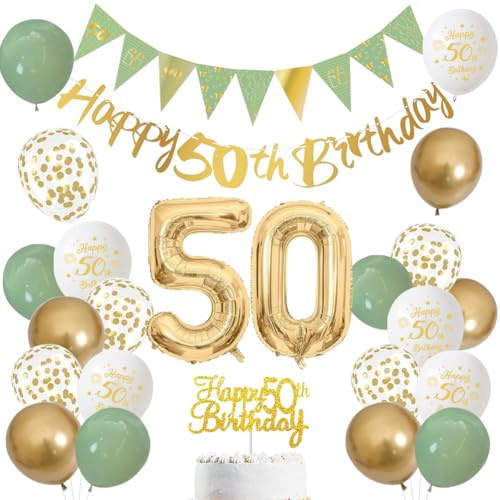 50 Jahre Geburtstag Dekoration für Männer und Frauen – Salbeigrün, Weiß und Gold Luftballons mit ‚Happy Birthday‘-Banner, Zahl 50 Ballon und Tortenaufleger für 50 Jahre Geburtstagsfeier-Deko (50)