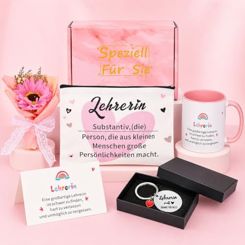 Lehrerin Geschenk Abschied, Geschenkset mit Tasse und Schlüsselanhänger | Kaffeetasse und Schlüsselanhänger mit Geschenkbox und Karte, direkt zum Verschenken als Dankeschön für Lehrerin zum Abschied.