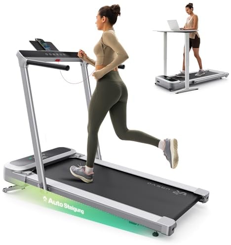 UREVO Laufband mit automatischer Steigung und Dual-Brushless-Antrieb | 3,0-PS-Schreibtisch-Laufband für Zuhause & Büro, 12-Punkt-Dämpfung, leiser Betrieb, Fernbedienung