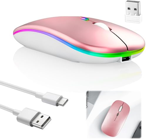 Wireless Bluetooth Mouse, Rechargeable 2.4G USB-C Mouse for MacBook Pink | Bluetooth 5.2 Rechargeable Mouse with USB-A & USB-C Receivers, Quiet Click and 1600 DPI for Windows, Mac, Laptop and iPad