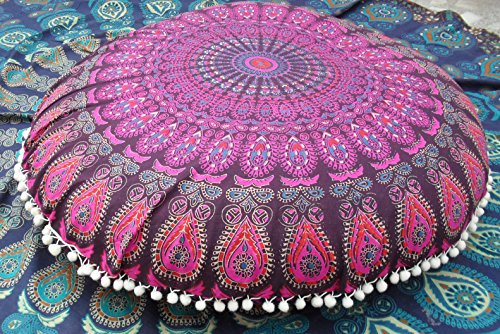 Handicrunch Runde Mandala Bodenkissen, 32 Dekoüberwurf Kissen-, Indian Puff, Boho Ottoman, Pompon Außenkissenbezug, Boho Kissen Shams