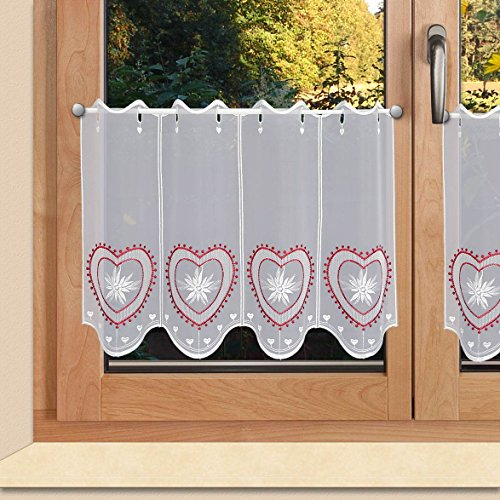 Scheibengardine Herz rot-weiß aus Vogtländischer Spitze im Landhausstil | Bestickter Scheibenhänger mit Edelweiß | Romantisch-Rustikaler Kurzstore für jeden Raum | Panneaux Höhe x Breite 40 x 64 cm