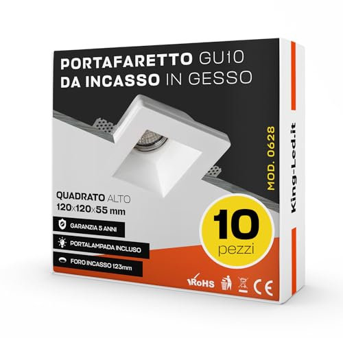 King Led - 10x Portafaretto da Incasso In Gesso Ceramico Quadrato Alto per Faretto Gu10 e Mr16 - Dimensione 120x120x64mm Cod. 0628