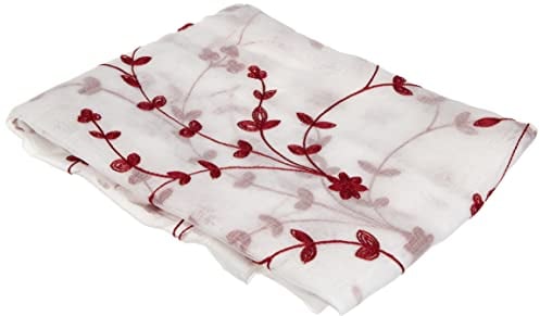 Douceur d'Intérieur, Paire de Voilages à Passants (2 x 60 x 120 Cm) Petite Fleur Blanc/Rouge, Voile Sablé Brodé
