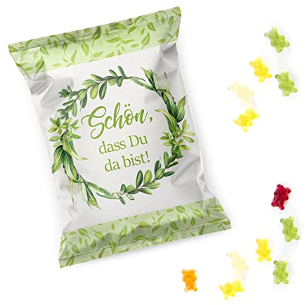 Logbuch-Verlag 25 Schön dass du da bist Gastgeschenke grün weiß Eukalyptus Deko Fruchtgummi Hochzeit Taufe