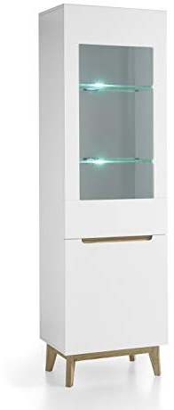 Möbel-Store24 Vitrine-L Wohnzimmer Schrank weiß matt MDF Asteiche furniert Massiv Glas Tür 59 cm T10 Cervin M48650WE5