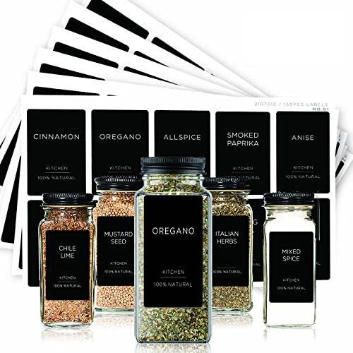 160 Minimalist Spice Jar Labels,Preprinted Spice Stickers - White Text on Black Waterproof Label, Heavyweight Matte Labels Fits Kitchen Pantry Round Jars or Rectangular Spice&Herb Jars