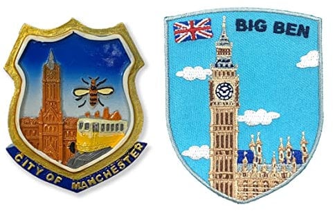 A-ONE England Manchester Worker Bee Railway UK 3D Decoration Photo Magnet 1PC+Big Ben Collection Embroidery Patch 1PC, Magnetic Fridge Magnet, Biker Patch for Bags Decor Souvenir Collection C161+385