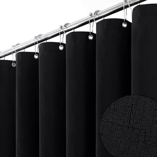BTTN 182 x 214cm Drop Extra Long Shower Curtain, Long Weighted Mould Resistant Waterproof Fabric Bath Curtain for Bathroom, Heavy Duty Large Waterproof Washable Shower Curtain Set with 12 Hooks, Black