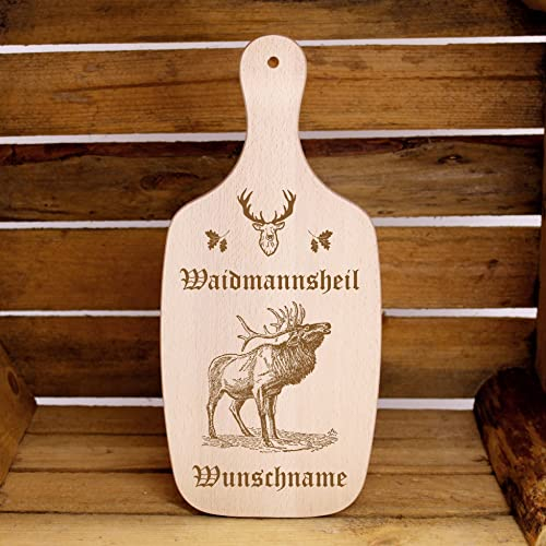 Waidmannsheil Weidmannsheil - Holzbrett Schneidebrett mit Wunschnamen Frühstücksbrett mit Gravur Wolf Hirsch Fuchs Wildschwein Geschenk für Jäger 34x15cm (Waidmannsheil kapitaler Hirsch)