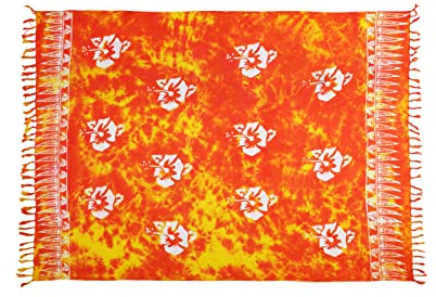 SAIVONA Pareo Sarong Strandtuch Damen - Wickelrock Strand - Handtuch Blickdicht als Wickeltuch oder Handtuchkleid und Wickelkleid Damen - Handarbeit aus Fair Trade Herstellung Batik Blume Orange