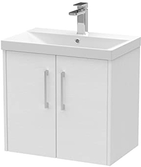 Hudson Reed JNU2123D Juno Modern Bathroom Wall Hung 2-Door Vanity with Thin-Edge Ceramic Basin, 600mm, Woodgrain White Ash