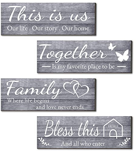 Joyhawk 4 Pieces Wall Decor Signs, THIS IS US, TOGETHER, BLESS THIS HOME, FAMILY Rustic Wooden Farmhouse Wall Art Décor For Living Room Bedroom Kitchen, , 4.7 x 13.8 Inch(Grey)