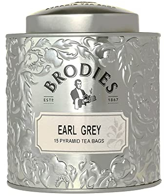 Brodies - Earl Grey Pyramid Tea - Gift Tin Caddy Silver Colour (total 15 Pyramid Tea Bags) - Elegant and scented quintessential British Tea with the citrus Note of Bergamot