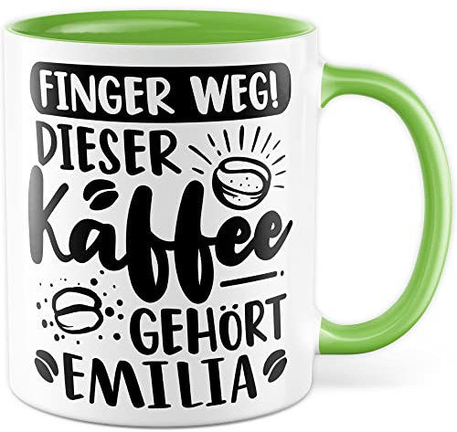 Kaffee-Tasse personalisiert mit Spruch lustig - FINGER WEG! Dieser Kaffee gehört eigener Name - Geschenk personalisierbar Geschenk-Idee Büro personalisieren Kaffee-Becher (Weiß & Grün)