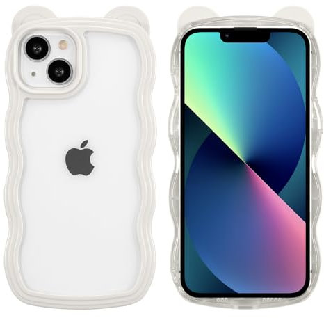 ZCDAYE Compatible with iPhone 13 Case, Cute Kawaii 3D Bear Ears Design, Clear Curly Wavy Shape Phone Case for Women Girls Soft TPU Shockproof Cover for iPhone 13 (6.1 inch), White