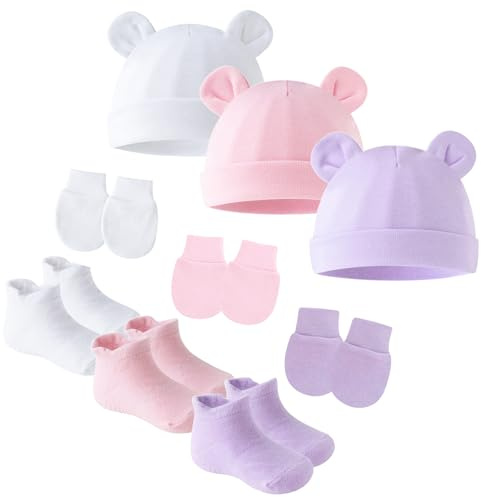 SEAUR Newborn Baby Mütze Handschuhe Socken Set Baumwolle Babymütze Weich Stretch Süß Beanie Hut Neugeborene Mädchen Jungen 0-6 Monate