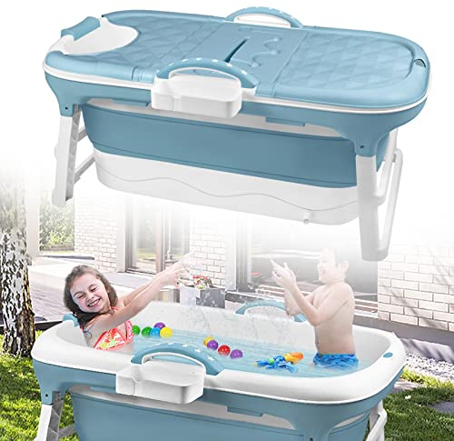 LILIIN Faltbare Badewanne Erwachsene 112 x 62 x 52 cm, Foldable Bathtub Mobile Tragbare Badewanne Sitzbadewanne Mit Abdeckung & Massagerollen, Seifenkorb, dicker Kunststoff tragbare Wanne - Blau