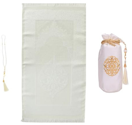 Prien Gebetsteppich Mit Gebetsperlen Für Islam, Muslimische Geschenke Bayram, Seccade Tesbih Teppich Für Frauen Männer, Namaz Set, Muslim Gebetsmatte Ramadan, Gebet, Beten, Eid, Quran (Cremefarben)