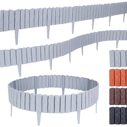 BooGardi Lot de 5/10/20 bordures de pelouse en plastique aspect bois - 4 couleurs - 57 cm x 12,5 cm - Gris - Bordure de parterre flexible - Bordure de jardin - Bordure de tonte