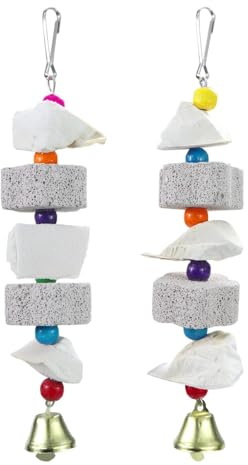 2Pcs Bird Beak Trim Cuttlebone Calcium Stone Lava Block Chew Toy Grinding Teeth Natural Minerals with Bell for Parakeet Conure Lovebird Cockatiel Finch Canary Hamster Chinchilla Rabbit