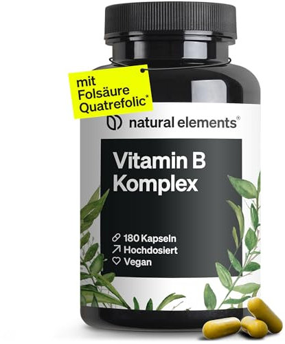 natural elements Vitamin B Komplex - 180 Kapseln - Hochdosiert: Mit 500 µg Vitamin B12 - alle 8 B-Vitamine (B1, B2, B3, B5, B6, B7, B9, B12) - vegan, in Deutschland produziert & laborgeprüft