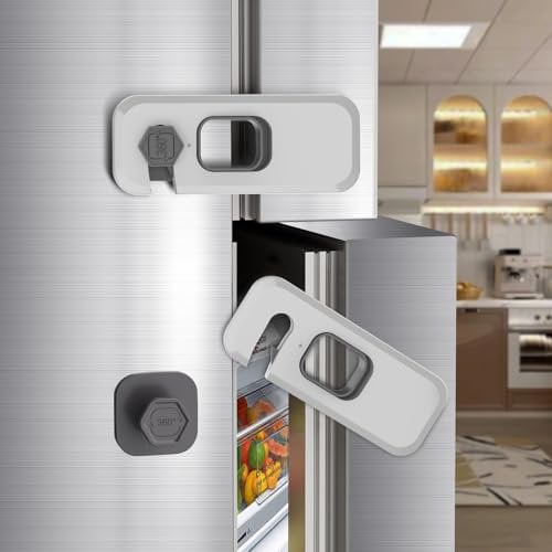 2 Pack Fridge Locks with Self Adhesive, Refrigerator Latch for Kids, Toddlers and Children, Child & Baby Proofing Freezer Door Lock for, Cabinets and Drawers, Oven, Windows (Grey-2 Pack)