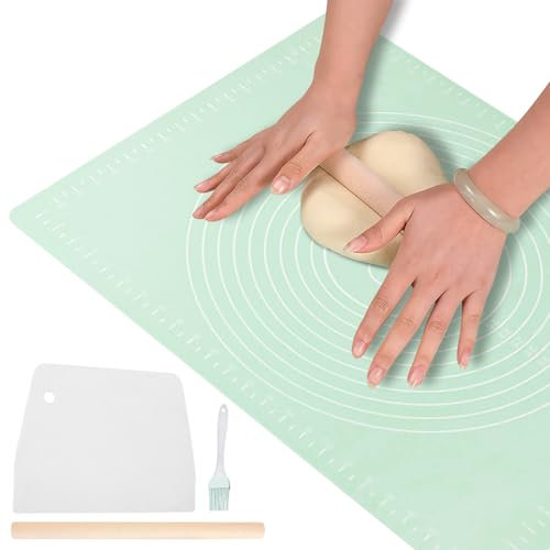 WANDGU Antihafte Backmatte Silikon Groß: 70 x 50 cm Backunterlage Silikon Rutschfeste Verdickte mit Messungen, Antihafte Teigmatte Ausrollmatte mit Nudelholz und Teigschaber für Teig Fondant Pizza