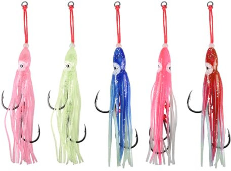 Assist Angelkaken Kit, 5 Stück Leuchtende Oktopus Meeresangeln Jigging Köder Haken, Doppel-Assist-Haken Ersatz Angelhaken für Angeln Jigging Kunstköder Haken