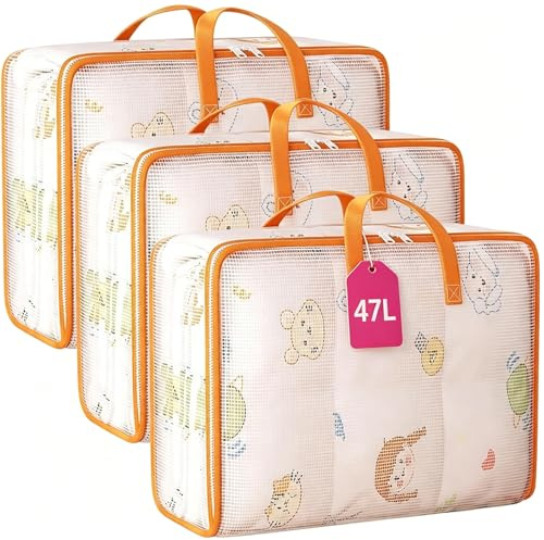 3 Pack Clear Grid Plastic Storage Bags, 47L Foldable Clothes Storage Bags, Moving Bags with Reinforced Handle & Zips, Underbed Storage Plastic Loft Wardrobe Organiser for Quilt Blanket Duvet Toys