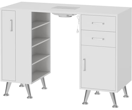 Table de manucure professionnelle Table onglerie en bois MDF blanc durable avec aspirateur collecteur de poussière 4 tiroirs 4 étagères repose-poignet pour salon de manucure studio d'ongles esthéticie