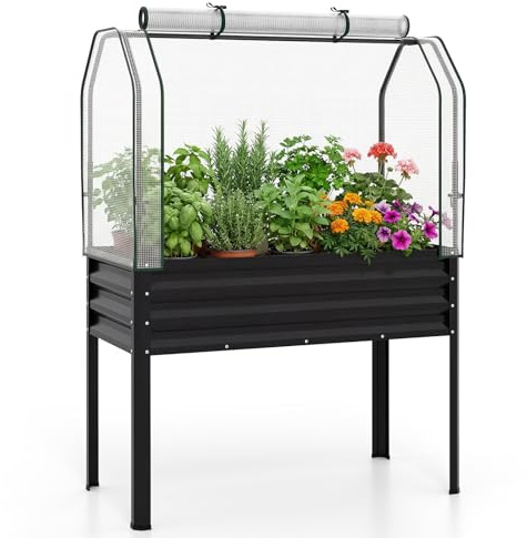 GOPLUS Jardiniere sur Pieds 3 en 1 avec Mini Serre, Carré Potager en Métal Galvanisé avec Porte Zippée Enroulable pour Jardin Balcon Patio, Bac de Culture 142L pour Légumes Herbes Fleurs (Noir)