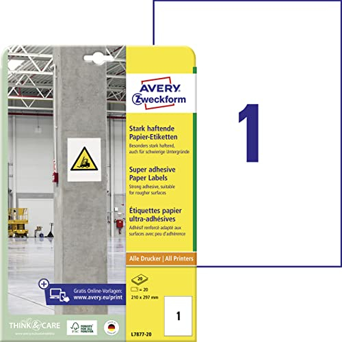 AVERY Zweckform L7877-20 Stark haftende Etiketten (20 Aufkleber, 210x297mm auf A4, extrem stark selbstklebend, auch für schwierige Oberflächen, bedruckbare Power Klebeetiketten) 20 Blatt, weiß