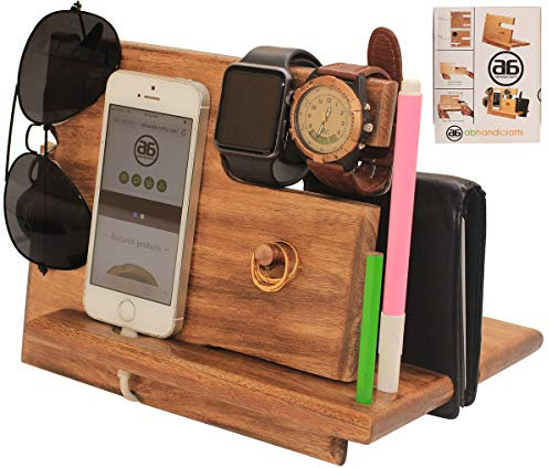 ABHANDICRAFT Holz-Dockingstation für Handy und Uhr, Nachttisch-Organizer, Ladestation, einzigartiges Design, kompatibel mit allen Handys, Smartphones und iPhone 13