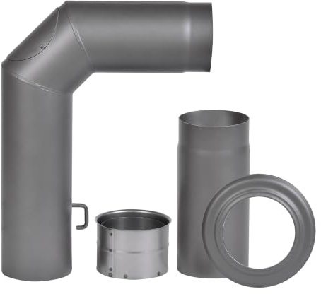 FIREFIX RD150/SETV Ofenrohrset aus 2 mm starken Stahl (Winkelrohrset) in 150 mm Durchmesser, für Kaminöfen und Feuerstellen, 4-teilig, dunkelgrau, mit Verlängerung