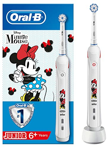 Oral-B Junior Minnie Mouse Elektrische Zahnbürste für Kinder ab 6 Jahren, weiche Borsten & visuelle Andruckkontrolle für extra Zahnfleischschutz, 2 Putzprogramme inkl. Sensitiv, Timer, weiß