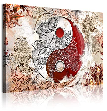 DekoArte 365 - Modernes Bild, digitalisierter Kunstdruck | Dekoratives Bild für den Salon oder das Schlafzimer | Yin Yang Stil Abstrakt Zen Farben Beige Rot | 1 Teil 120 x 80 cm