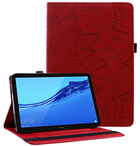 Succtop Funda Huawei Mediapad T5-10 10.1 Pulgadas Funda de Cuero con Tapa Billetera Soporte Tableta con Titular Pluma Protectora Carcasa Huawei Mediapad T5 10.1 Mandala Flor En Relieve Rojo