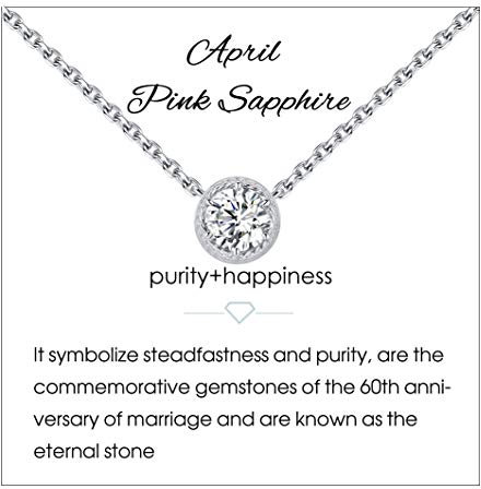 Qings Collier de Naissance de Avril 925 en Argent Sterling Saphir Rose Pierres PrÉCieuses Colliers de Pierre de Naissance Pendentif Femmes Colliers pour Femmes Anniversaire