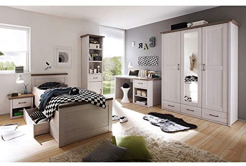 Lomadox Jugendzimmer Komplett Set 5-TLG. im Landhaus Design, Pinie weiß Nb./Trüffel Eiche Nb.